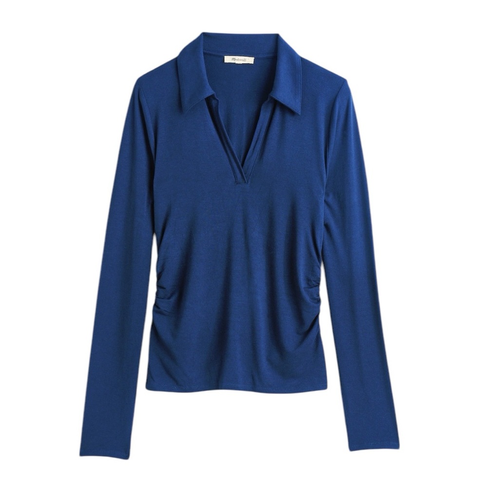 Madewell Side-Cinch Long-Sleeve Polo Top in Bright Cobalt
